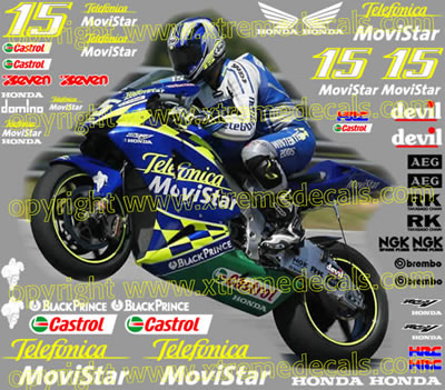 Complete 2005 Honda Telefonica Movistar Race Decal Set comprisin